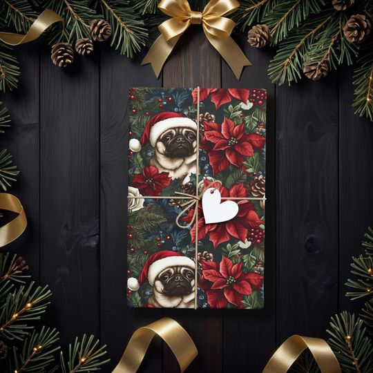 Discover Pug Christmas Wrapping Paper, Cute Holiday Gift Wrap Featuring Santa Hat Pug and Festive Poinsettias K6