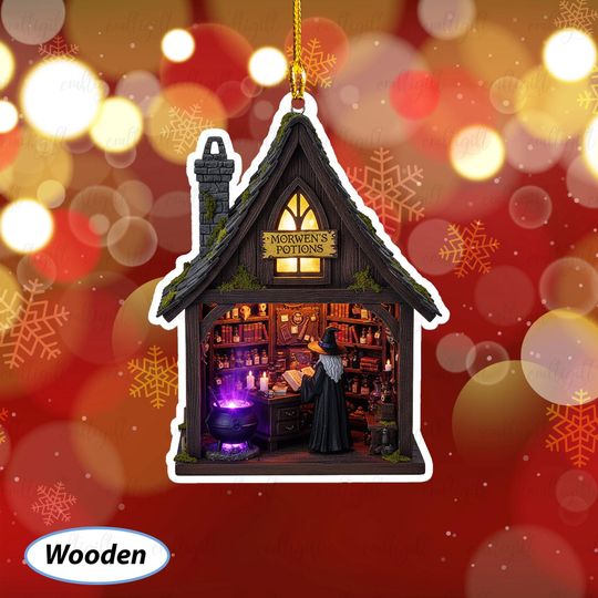 Discover Customized Witch Cottage Ornament With Name, Magical Wizard House Ornament, Witch And Potion Christmas Decoration, Witchy Home Decor, MYB636