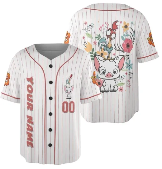 Personalized Pua And Hei Hei Moana Characters Floral Baseball Jersey Shirt
