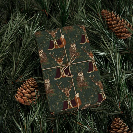 Discover Woodland Animals Wrapping Paper: Elegant Christmas Tree Gift Wrap in Moody Christmas Green