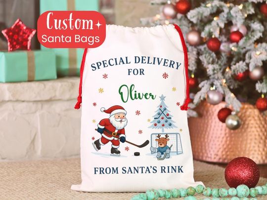 Discover Personalized Hockey Christmas Gift Sack, Custom Santa Bag for Kids, Santa Delivery sack with Name for Hockey Lovers, Christmas Stocking