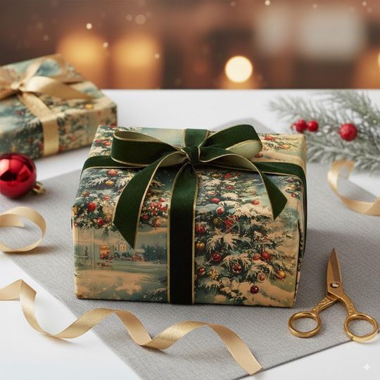 Vintage Christmas Wrapping Paper 1950s Holiday Gift Wrap Festive Christmas Tree Paper Snowy Scene Gift Wrap Retro Holiday Paper Roll Antique