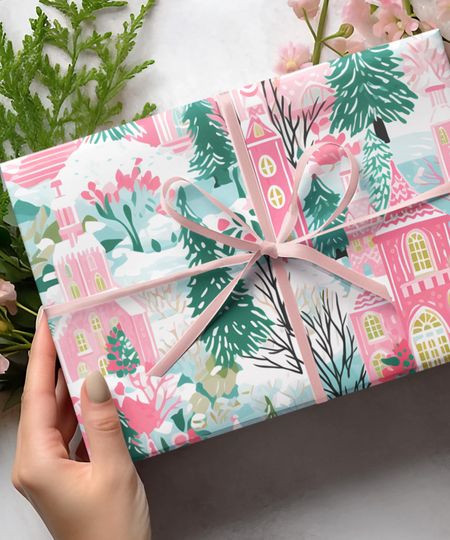 Preppy Pink Church Winter Scene Wrapping Paper Roll | Pastel Christmas Gift Wrap | Studio Wrapsy
