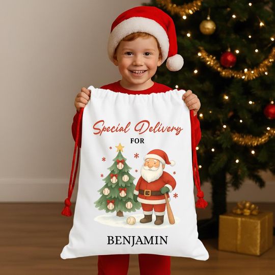 Discover Personalized Baseball Christmas Gift Sack, Santa bag for Baseball Lover, Xmas Santa Delivery Sack with Name for baseball player