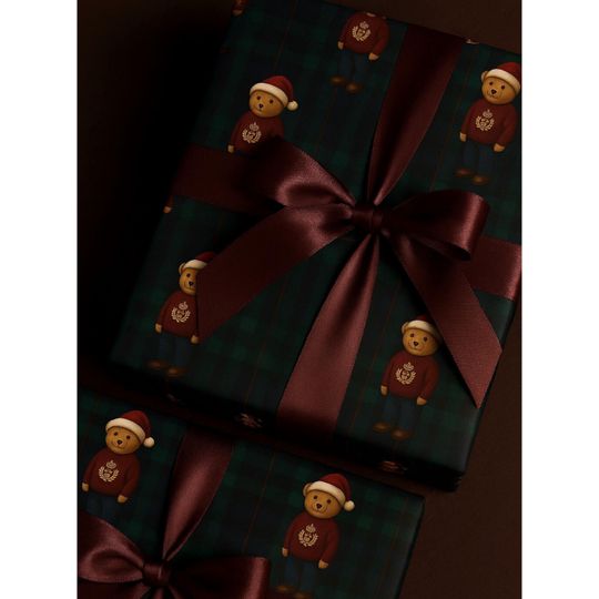 Discover Tartan Bear Christmas Gift Wrap, Red & Navy Holiday Wrapping Paper