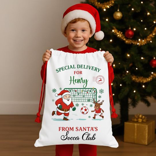 Personalized Soccer Christmas Santa Bag, Custom Gift Bag for Kids, Soccer Player Gift, HolidayGift Sack with Name