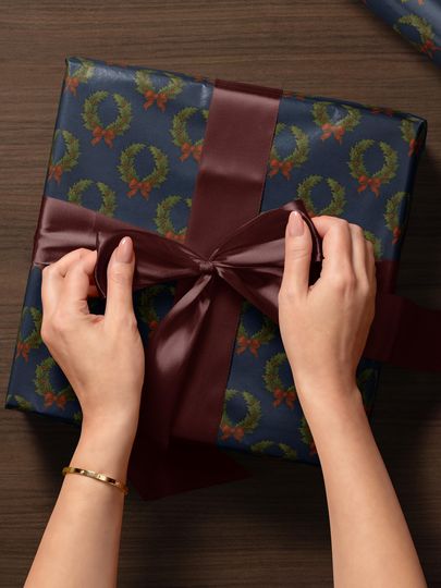 Discover Christmas Wreath Wrapping Paper Christmas Present Moody Christmas Print Blue Holiday Gift Wrap Festive Decor Premium Paper Elegant Gift Wrap