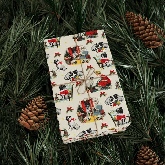 Discover Retro Christmas Pugs Dog Print Wrapping Paper - Dogs Lovers Gifts, Wrap Pet Paper, Birthday Gift Package, Vintage Inspired Winter