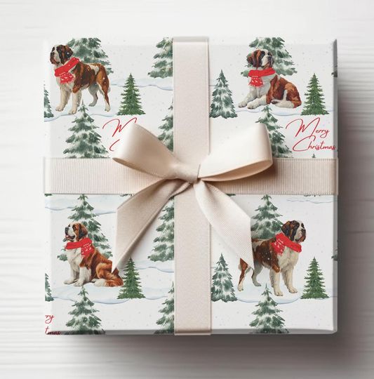 Discover Saint Bernard Snowy Christmas Wrapping Paper, St. Bernard Dog Gift Wrap, Saint Bernard Christmas Wrapping Paper, Christmas Gift Wrap