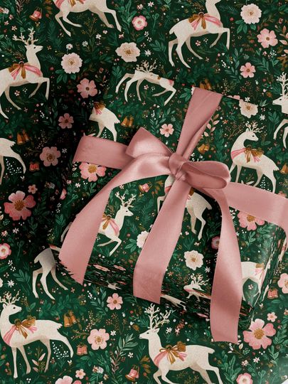 Discover Floral Reindeer Christmas Wrapping Paper, Forest Green Holiday Gift Wrap, Woodland Animals Deer Flowers Christmas Paper, Holiday Gift Paper