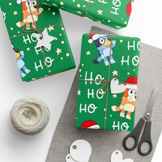 Discover Green Christmas BlueyDad and Bingo Gift Wrap, Red BlueyDad Holiday Wrapping Paper, BlueyDad and Bingo Gift Wrap, Kids Party BlueyDad Wrapping Paper