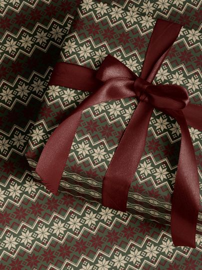 Christmas Wrapping Paper Roll Fair Isle Pattern Luxury Holiday Gift Wrap Roll Burgundy and Dark Green Classic Cozy Traditional Christmas