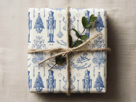 Discover Blue Toile Nutcracker Wrapping Paper: Christmas Gift Wrap