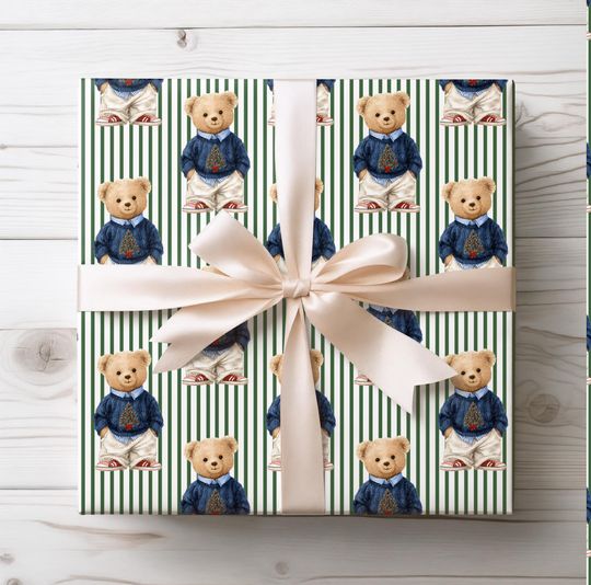 Discover Wrapping Paper, Teddy Bear in Christmas Sweater, Dark, Moody Tones Navy, Green, Red, xmas Vintage Gift Wrap, Old-Money Aesthetic, Holiday
