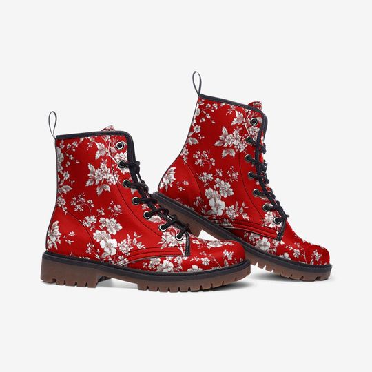 Toile de Jouy Leather Boots – Red French Floral Combat Boots, Casual Vegan Lightweight Shoes