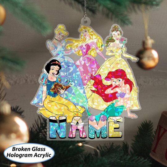 Discover Christmas Princess Custom Girls Ornament, Disney Princess Tree Ornament, Cinde Aurora Belle Snow White Ariel, WDW Holiday Decor, VTB354
