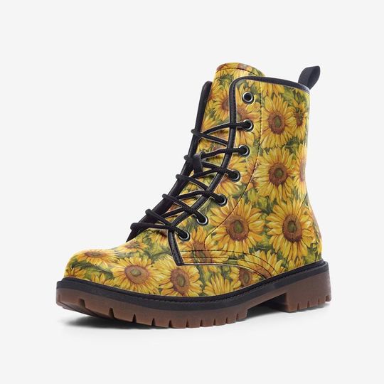 Sunflower Boots Floral Combat Boots Sunflower Casual Leather Boots
