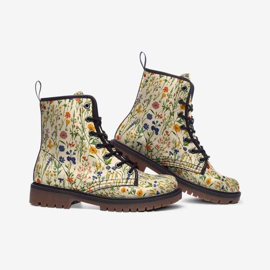 Floral Leather Combat Boots for Women