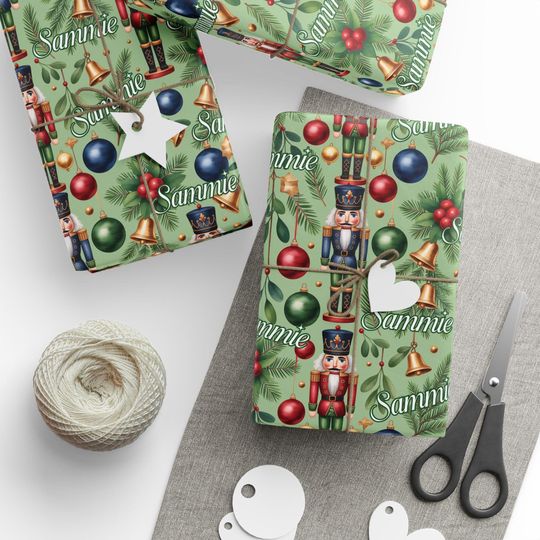 Custom Name Green Nutcracker Christmas Wrapping Paper Roll, Personalized Classic Holiday Season Gift Wrap Sheet, Vintage Decorative Wrapping