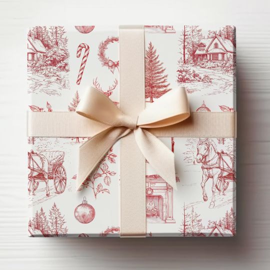 Discover Vintage Christmas Toile Wrapping Paper Roll Vintage Christmas Tree Gift Wrap Roll Antique Christmas Tree Wrapping Paper Red Christmas Toile