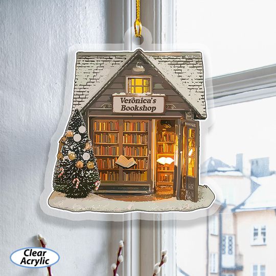 Discover Customized Book Store Acrylic Ornament, Christmas Bookshelf Ornament, Snowy Bookshop Pine Tree Ornament, Rustic Winter Holiday Decor, MYK229