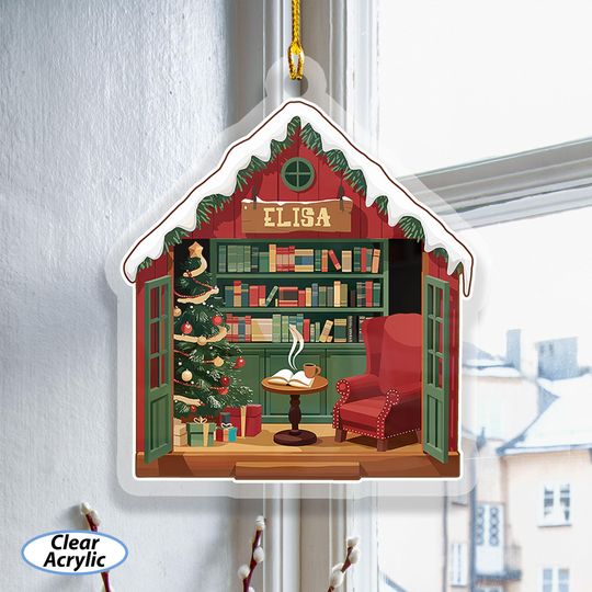Discover Custom Bookstore Christmas Acrylic Ornament, Bookshop Suncatcher Reading Lovers, Winter Night Bookshelf Ornament, Book Holiday Decor, MYK224