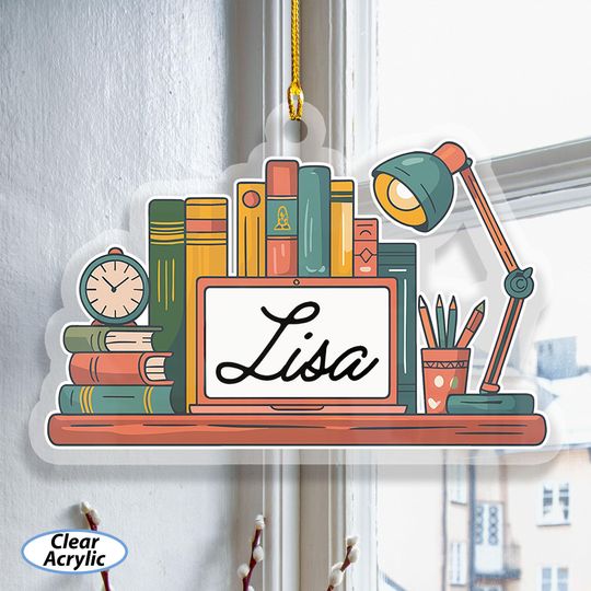 Discover Custom Reading Nook Ornament, Rustic Student Name Ornament, Wooden Books Stack Ornament, Christmas Decor For Book Club, Bookish Xmas, MYK221