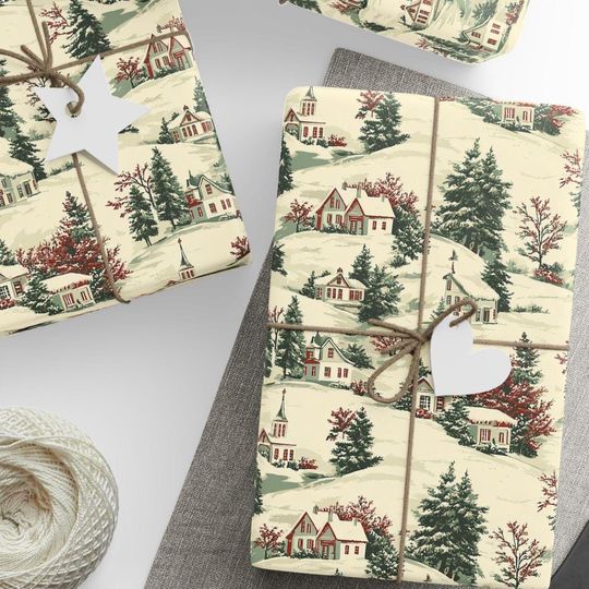 Discover Vintage Winter Village Gift Wrap with Snowy Hills, Holiday Houses, and Evergreen Trees for Christmas and Seasonal Wrapping