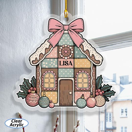 Discover Custom Cute Gingerbread House Ornament, Pink Bow Holly Xmas Ornament, Christmas Baubles Acrylic Hanging, Girls Home Holiday Decor, MYK218