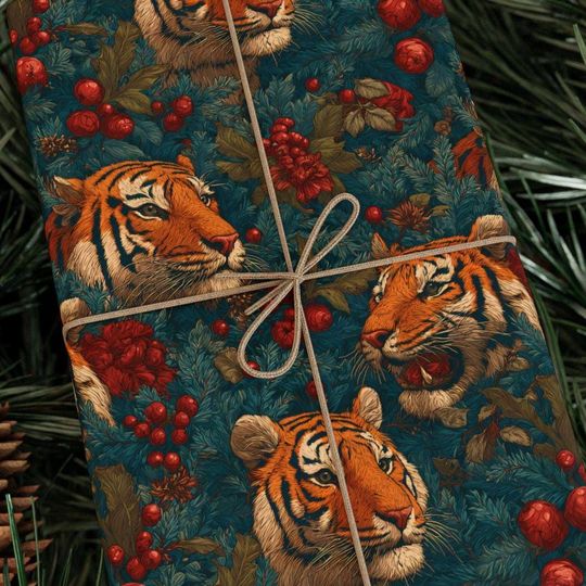 Discover Tiger King of Christmas Wrapping Paper Roll | Fierce Holiday Gift Wrap with Wild Big Cats, Winter Foliage and Festive Flair