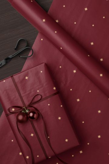 Christmas Wrapping Paper Golden Stars Red Gift Wrap Holiday Winter Themed Paper Roll Modern Festive Party Decor Moody Celestial Design Xmas