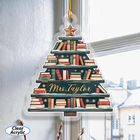 Discover Customized Christmas Bookshelf Suncatcher, Xmas Library Window Hanging, Pine Tree Bookcase Acrylic Ornament, Cozy Holiday Home Decor, MYK215
