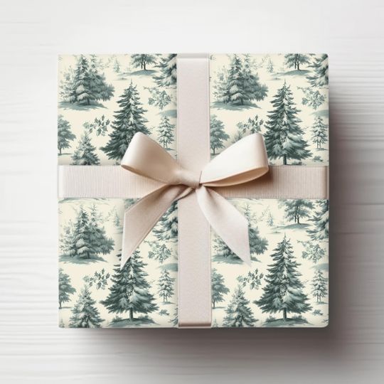 Discover Vintage Toile Christmas Tree Wrapping Paper - Sage Green Toile de Jouy Xmas Wrapping Paper Roll, Antique Style Gift Wrap Present Packaging