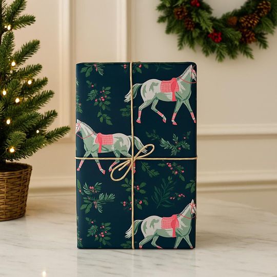 Discover Christmas Horse Wrapping Paper Equestrian Holiday Gift Wrap Winter Horse Rider Present Packaging Navy Festive Heritage Design
