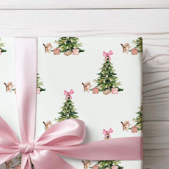 Discover Christmas Cat Wrapping Paper, Pink Christmas Gift Wrap, Cat Wrapping Paper Christmas, Coquette Gift Wrap