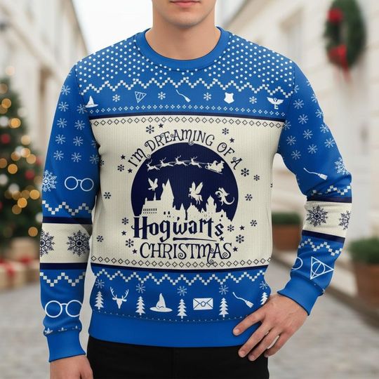 Discover Wizard Owl Ugly Christmas Sweater, Magic School Xmas Sweater, Fantasy Owl Ugly Sweater, Blue Wizard Sweater, Christmas Gift