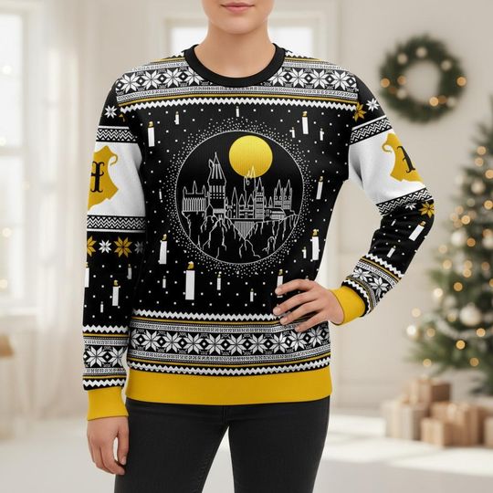 Wizarding Castle Ugly Christmas Sweater, Magical School Xmas Sweater, Black and Gold Ugly Sweater, Candlelight Sweater, Christmas Gift