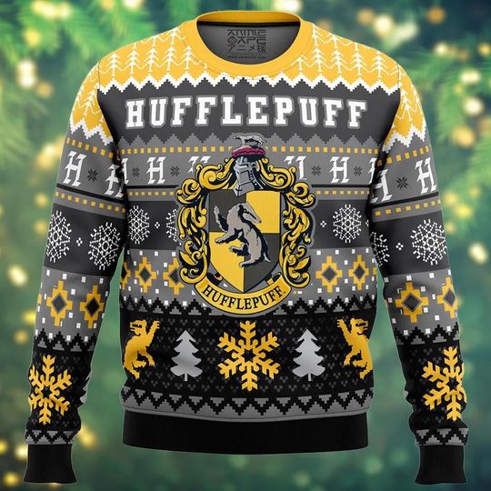 Discover Wizard School House Sweater, Yellow Black Ugly Xmas Sweater, Magic Student Gift, Cozy Holiday Sweatshirt, Unisex Fantasy Top