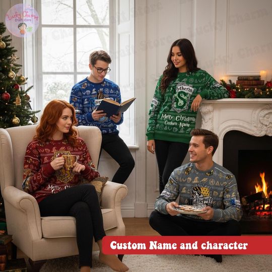 Discover Custom Name Wizard School Christmas Gifts, Personalized 4 Magic Houses Xmas Sweatshirt 2025, Disney Ugly Christmas Sweater Shirt For Friends