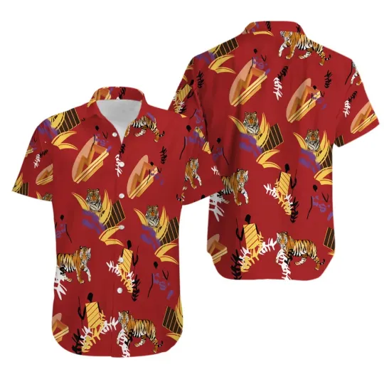Discover Tony Montana's Red Hawaiian Shirt with Tropical Prints and Tiger