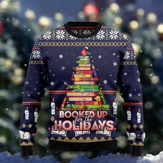 Book Lover Ugly Christmas Sweater, Booked Up For The Holidays, 3D Presents Xmas Jumper, Funny Holiday Gift for Readers