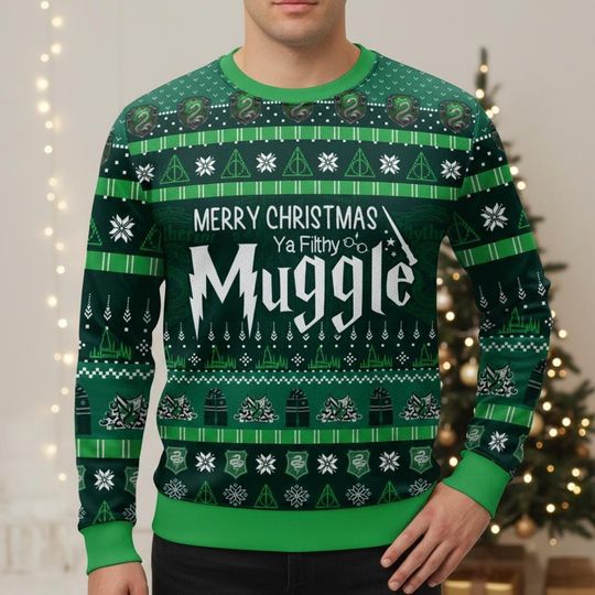 Discover Magic Snake House Ugly Christmas Sweater, Green Crest Xmas Sweater, Wizard School Ugly Sweater, Novelty Sweater, Holiday Gift