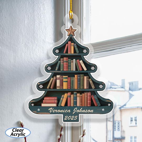 Discover Custom Christmas Books Tree Suncatcher, Xmas Pine Bookcase Acrylic Ornament, Bookish Library Window Hanging, Book Worm Holiday Decor, MYK210