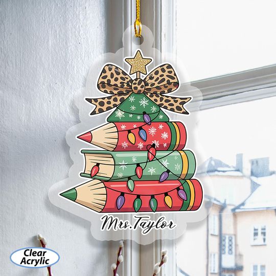Discover Personalized Christmas Pencils Suncatcher, Books Stack Pine Tree Hanging, Leopard Bow Ornament For Girls, Preppy Xmas Window Decor, MYK214