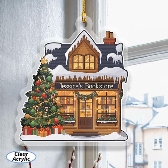 Discover Customized Snowy Bookstore Ornament, Cozy Bookshop Christmas Suncatcher, Reading Nook Xmas Decor, Winter Holiday Window Hanging Gift, MYK212