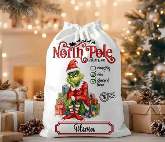 Discover funny character Christmas Sack Sublimation Design, North Pole Express Santa Bag, Personalized Xmas Gift Bag PNG, Funny Holiday Santa Sack Printable