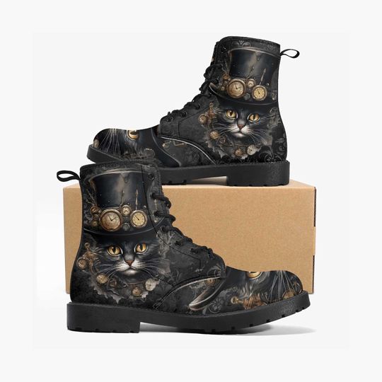 Steampunk Cat Black Combat Boots - Steamcat with Top Hat and Goggles