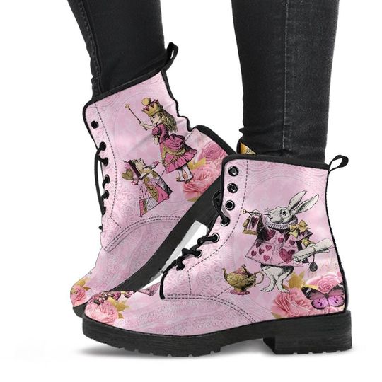 Alice in Wonderland Pink Combat Boots - Mad Hatter Tea Party Fun Boots