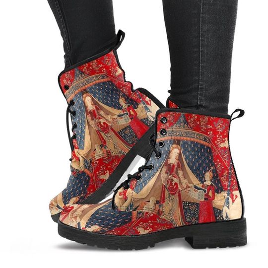 The Lady and the Unicorn Lace Up Combat Boots - Mon Seul Desir Tapestry Boots for Art Lover