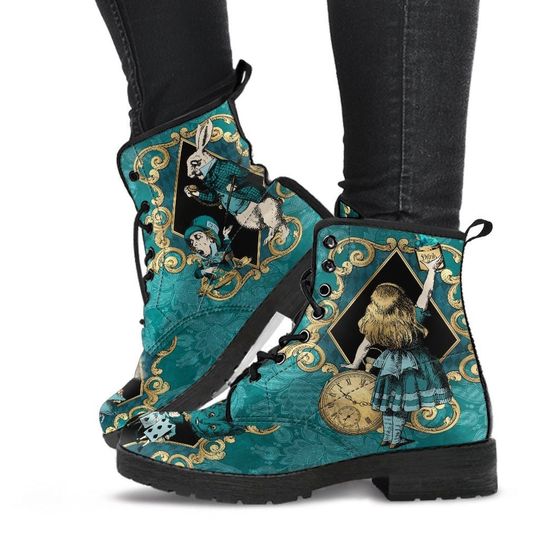 Alice In Wonderland Green and Gold Vegan Leather Combat Boots